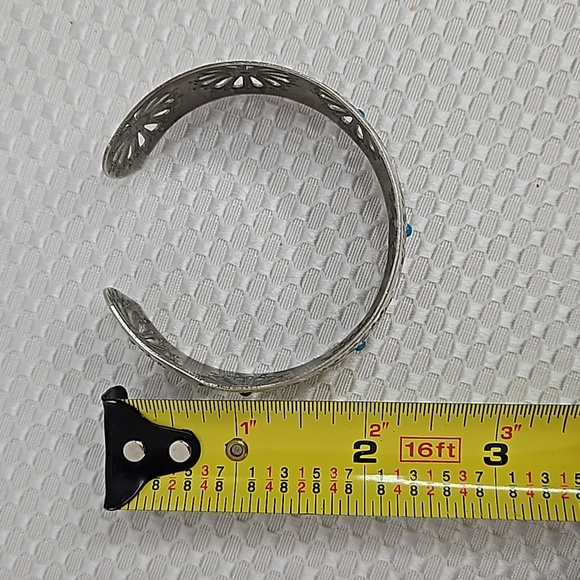 STERLING 925 TURQUISE STONE FLORAL PIERCED DESIGN CUFF BRACLET - Picture 5 of 8